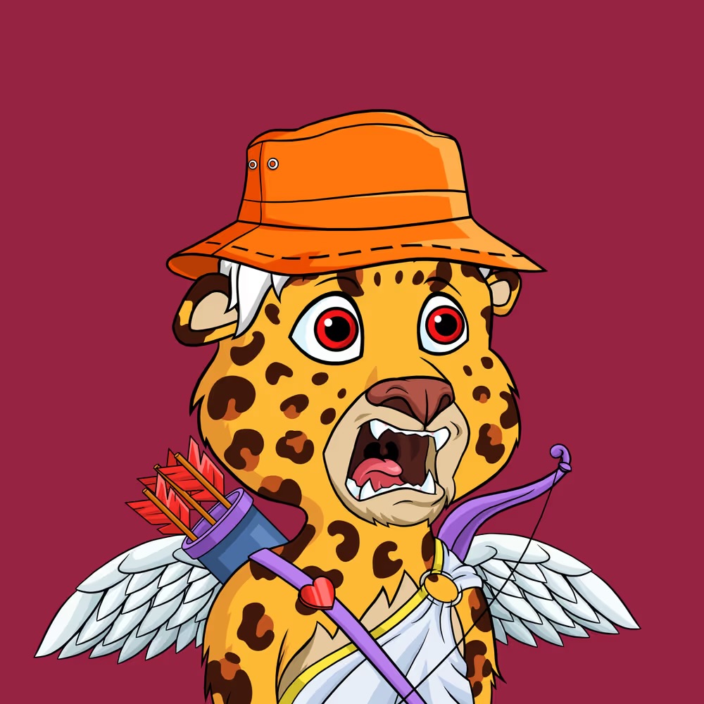 Spotted Lazy Cub wearing an orange bucket hat with wings and a bow on a burgundy background