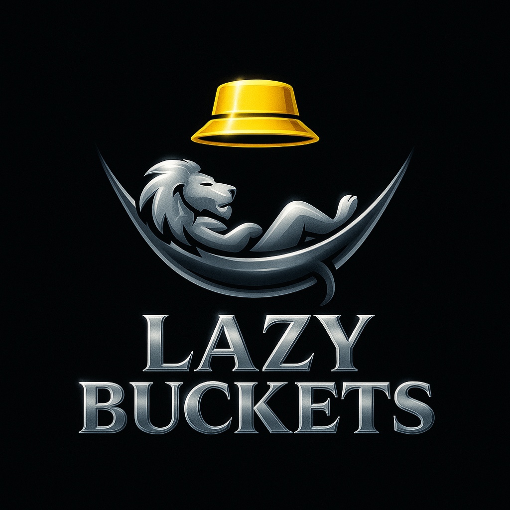 Lazy Buckets logo with a silver lion relaxing in a hammock beneath a golden bucket hat